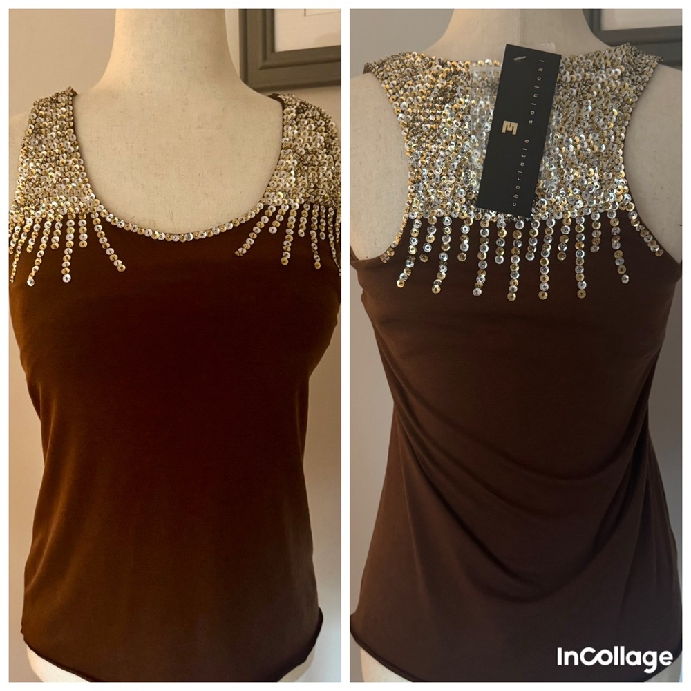 Vintage Brown Sequin Embellished Women's Top